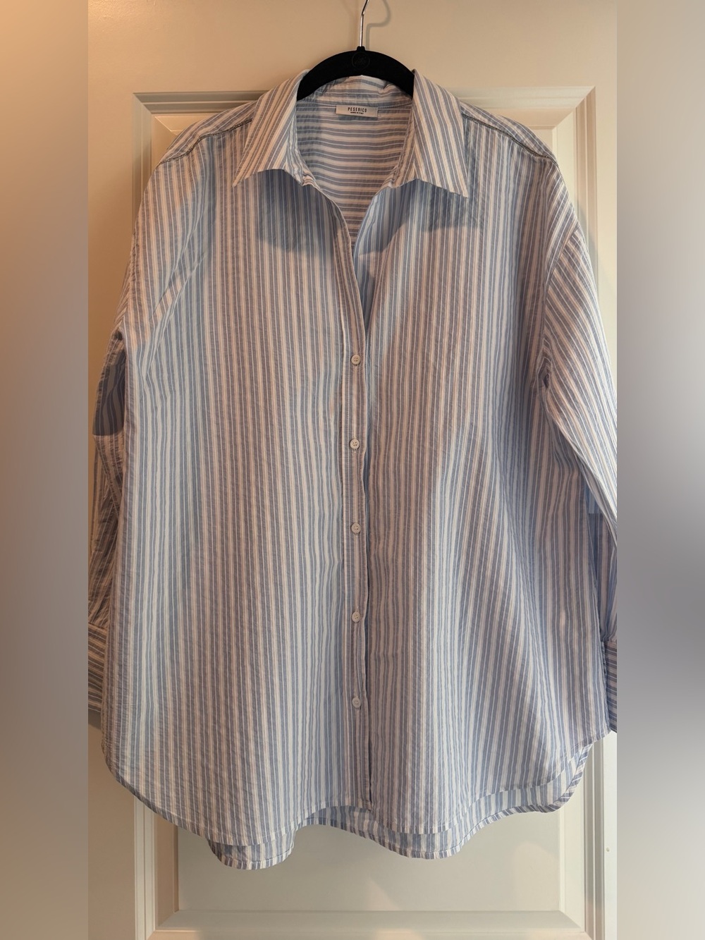 Peserico blue & white stripe embellished button-down blouse
